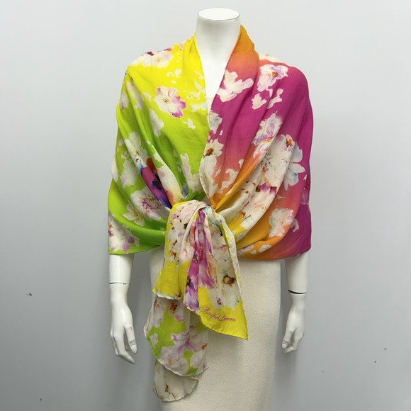 Ralph Lauren Accessories - Ralph Lauren Floral Scarf "Ralph Lauren" Name in Raised Pink Embroidery 24" x 75